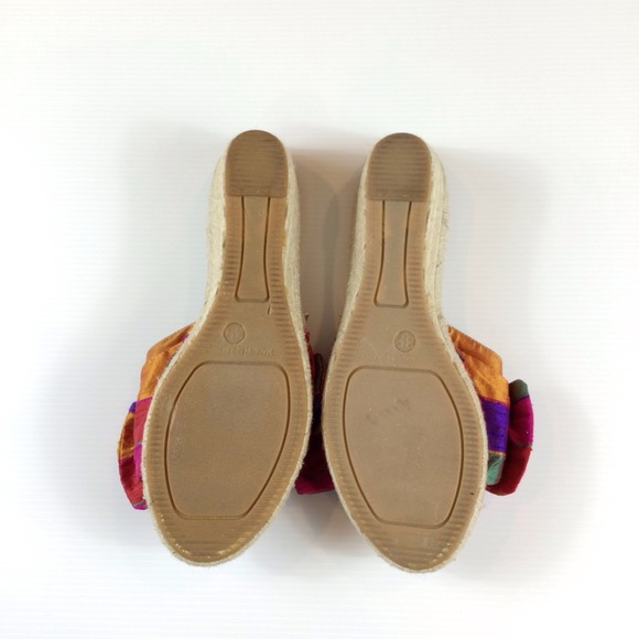 Carmen Saiz Espadrille Wedge Slide Sandals Bright Colorful Silk w/ Bow sz 39/8 - Picture 8 of 8